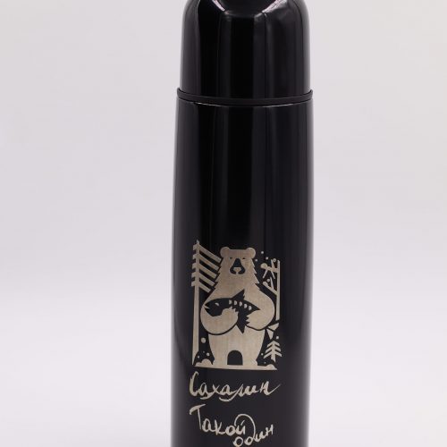 Термос бытовой 1 литр, цвет черный оникс, рисунок медведь